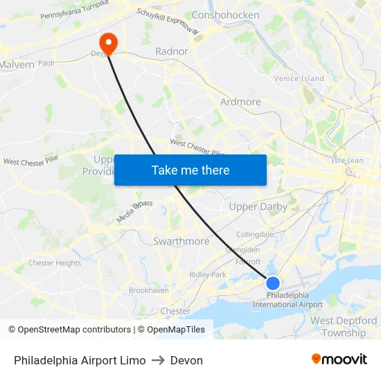 Philadelphia Airport Limo to Devon map