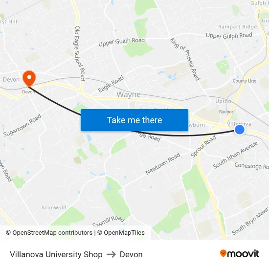 Villanova University Shop to Devon map