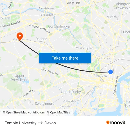 Temple University to Devon map