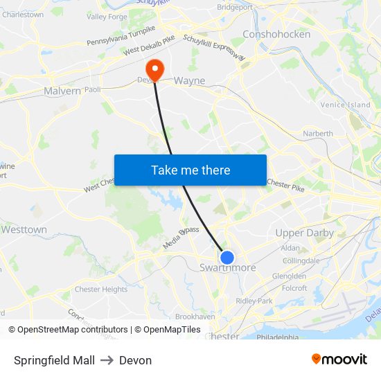 Springfield Mall to Devon map