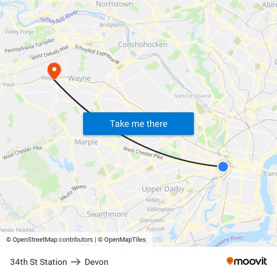 34th St Station to Devon map