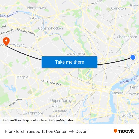 Frankford Transportation Center to Devon map
