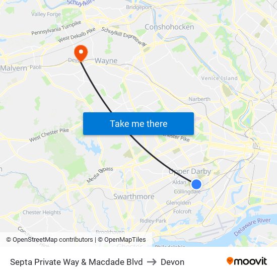 Septa Private Way & Macdade Blvd to Devon map