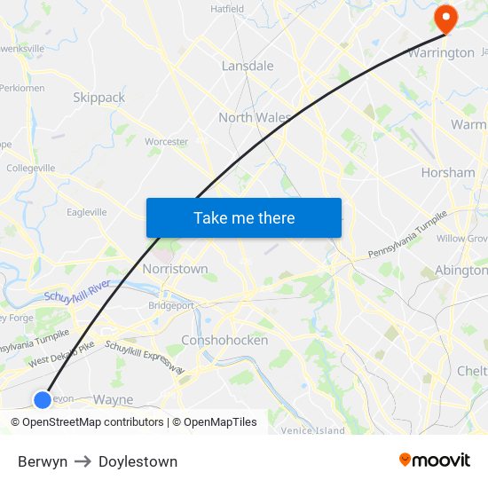 Berwyn to Doylestown map