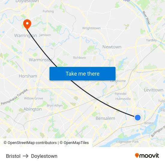 Bristol to Doylestown map
