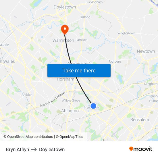 Bryn Athyn to Doylestown map