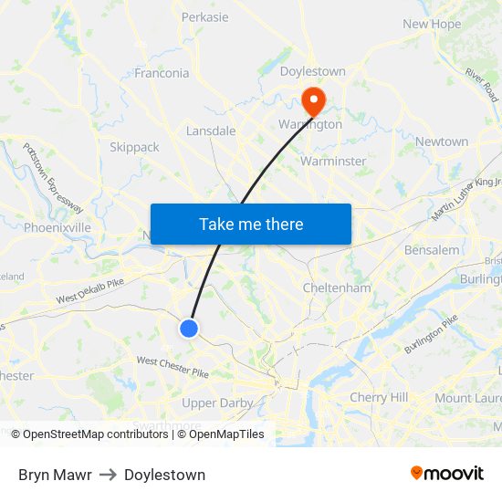 Bryn Mawr to Doylestown map