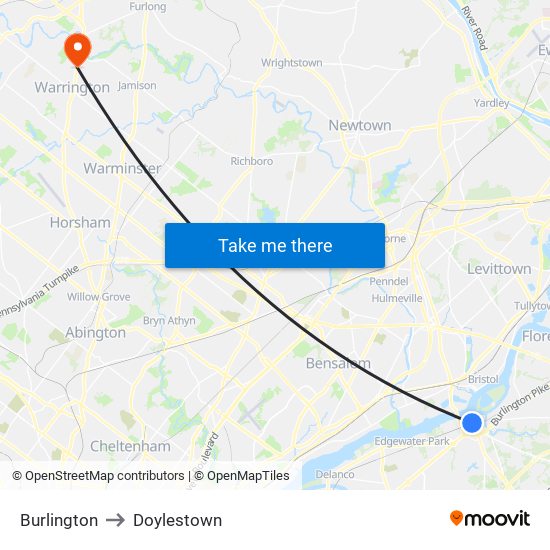 Burlington to Doylestown map