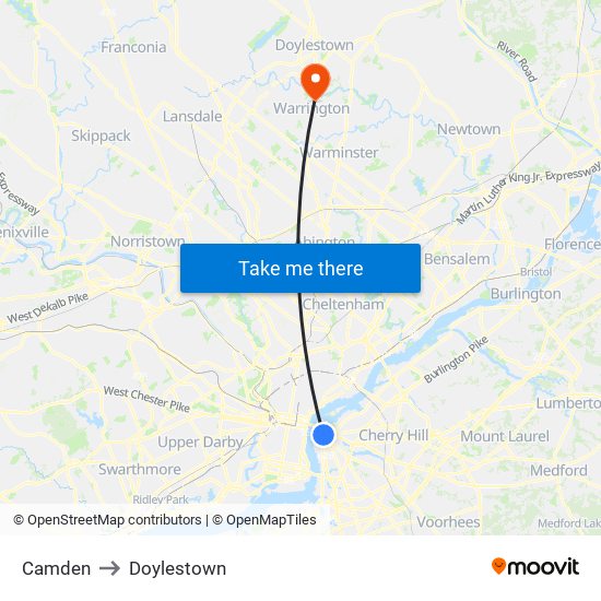 Camden to Doylestown map