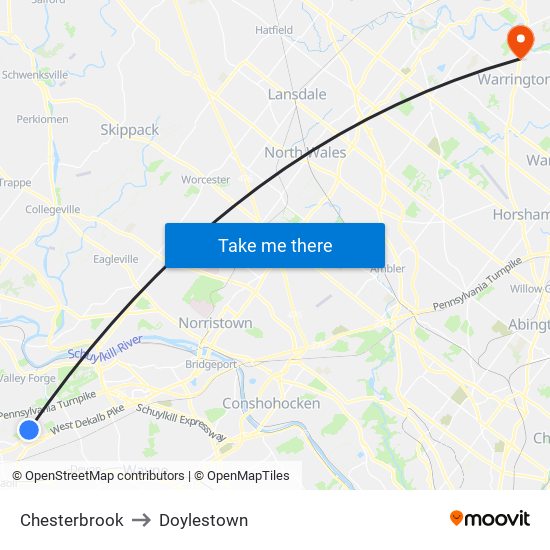 Chesterbrook to Doylestown map