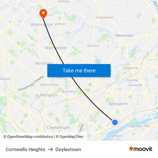 Cornwells Heights to Doylestown map