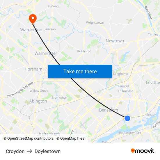 Croydon to Doylestown map