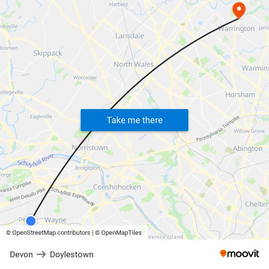 Devon to Doylestown map