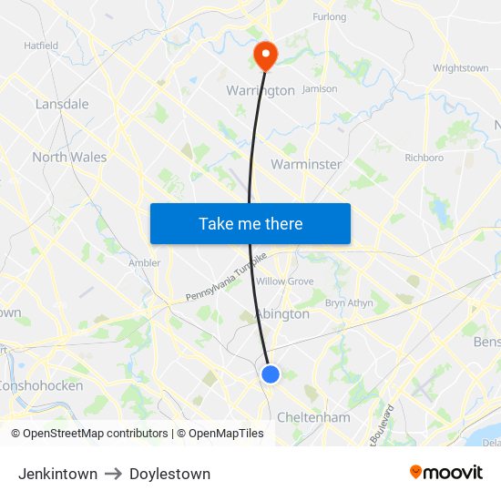 Jenkintown to Doylestown map