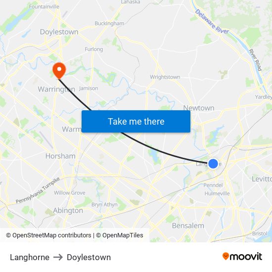 Langhorne to Doylestown map