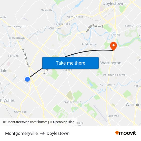 Montgomeryville to Doylestown map