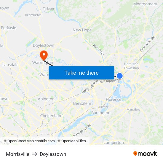 Morrisville to Doylestown map