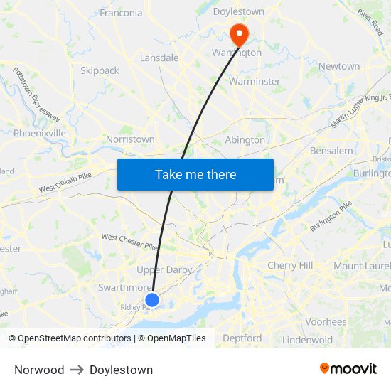 Norwood to Doylestown map