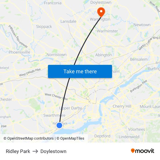 Ridley Park to Doylestown map