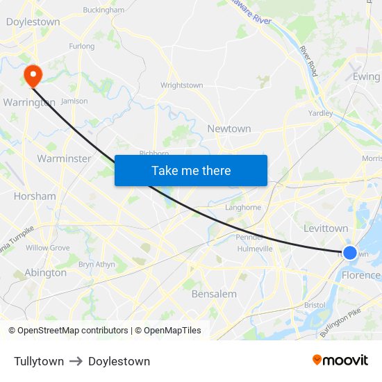 Tullytown to Doylestown map