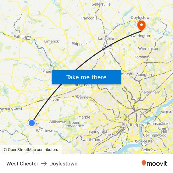 West Chester to Doylestown map