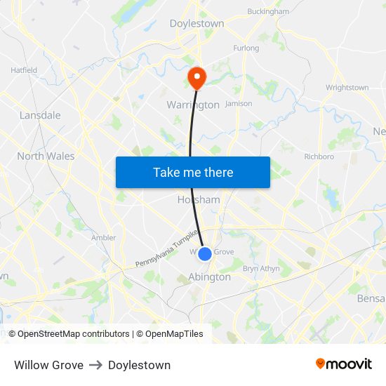 Willow Grove to Doylestown map