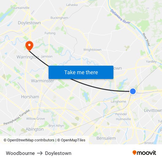 Woodbourne to Doylestown map