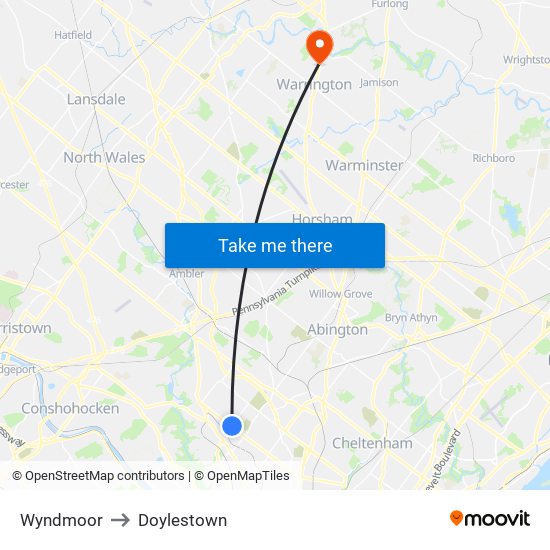 Wyndmoor to Doylestown map