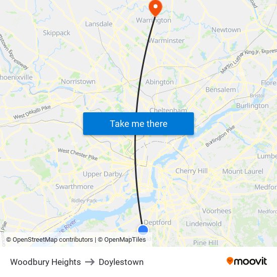 Woodbury Heights to Doylestown map
