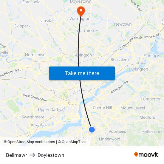 Bellmawr to Doylestown map