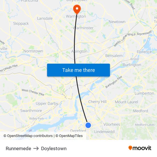 Runnemede to Doylestown map