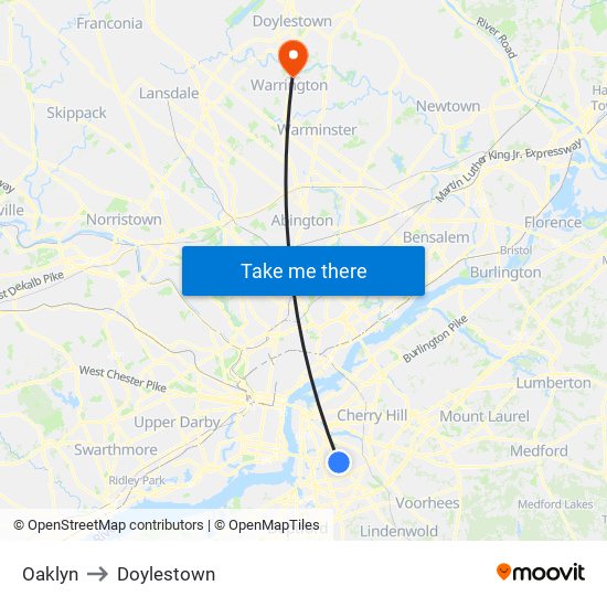 Oaklyn to Doylestown map