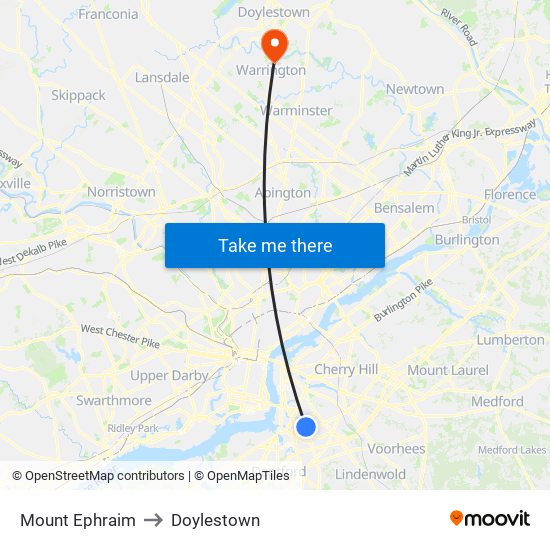 Mount Ephraim to Doylestown map