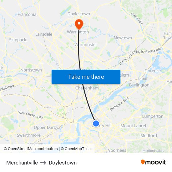 Merchantville to Doylestown map