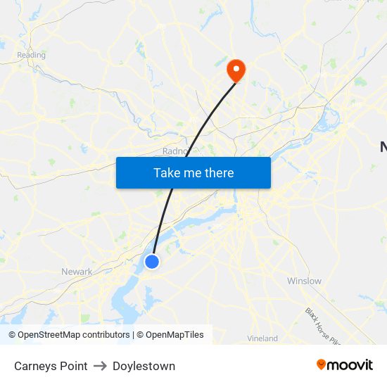 Carneys Point to Doylestown map