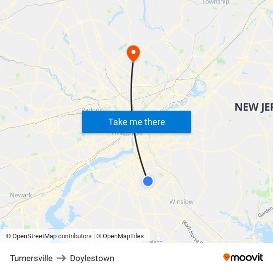 Turnersville to Doylestown map
