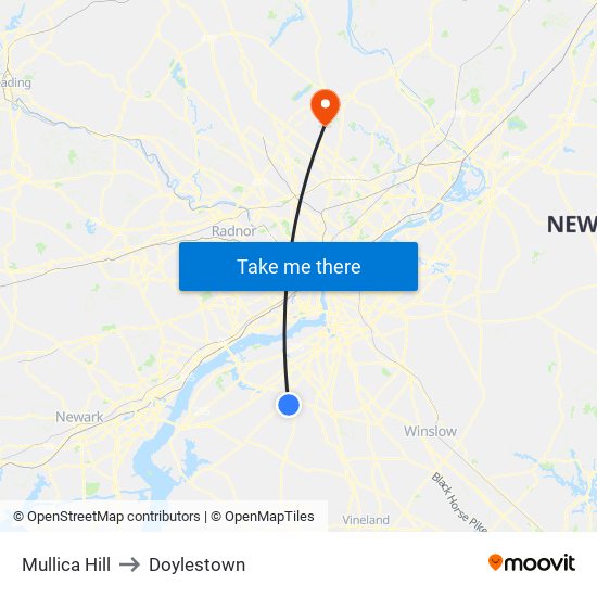 Mullica Hill to Doylestown map