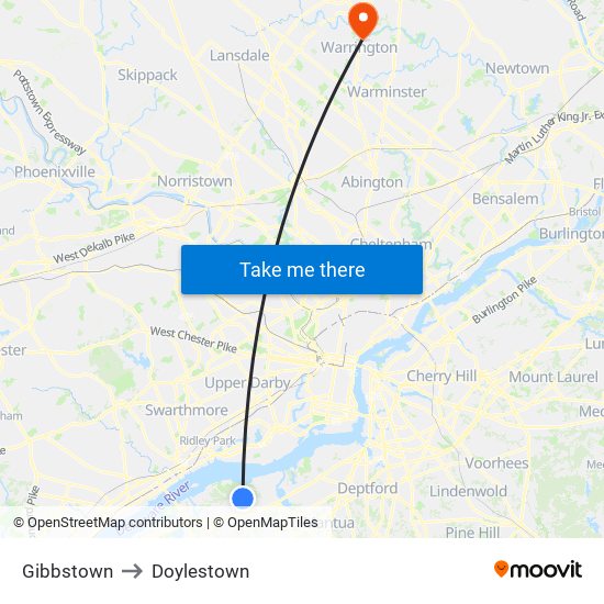 Gibbstown to Doylestown map