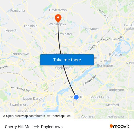 Cherry Hill Mall to Doylestown map