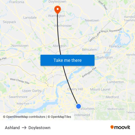 Ashland to Doylestown map