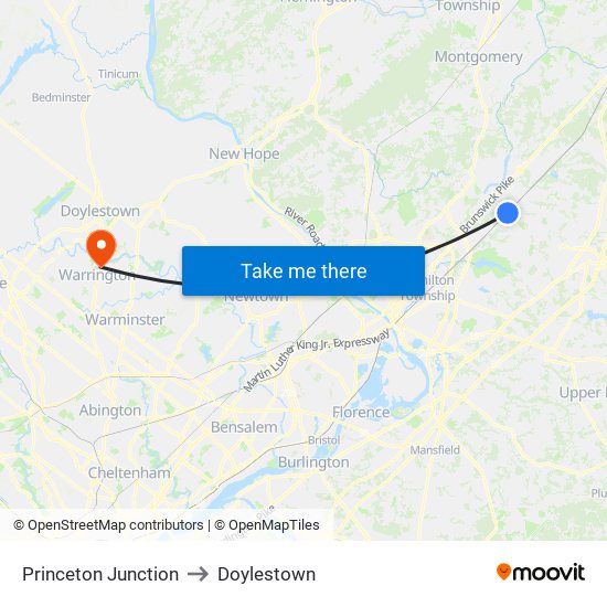 Princeton Junction to Doylestown map