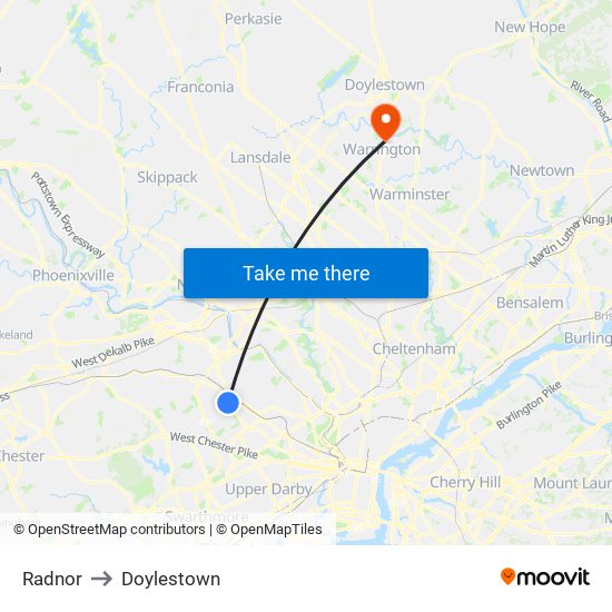 Radnor to Doylestown map