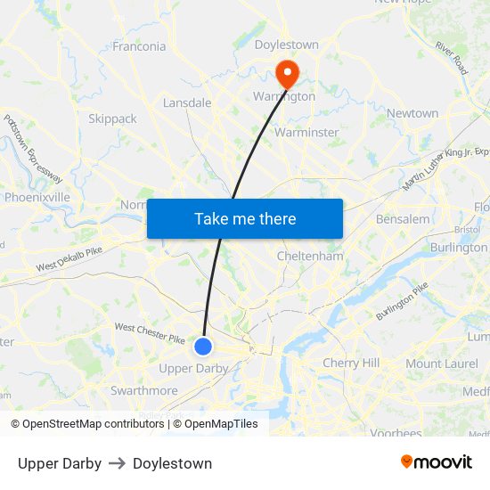 Upper Darby to Doylestown map