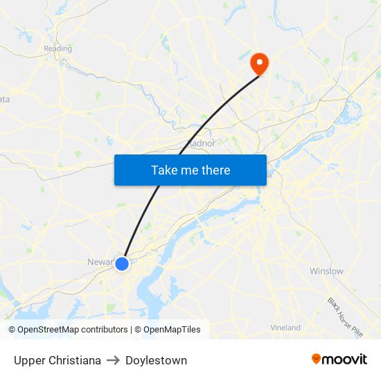 Upper Christiana to Doylestown map