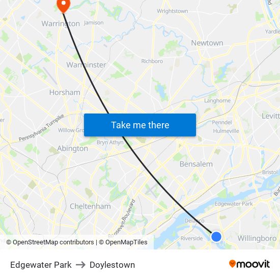 Edgewater Park to Doylestown map