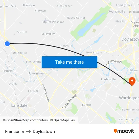 Franconia to Doylestown map