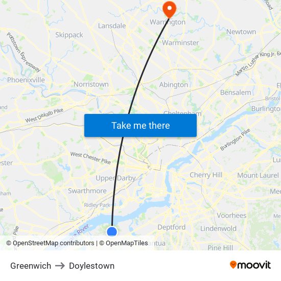 Greenwich to Doylestown map