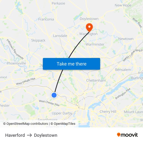 Haverford to Doylestown map