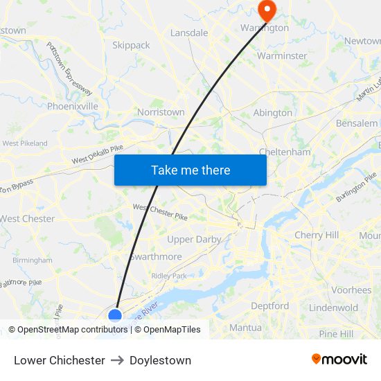 Lower Chichester to Doylestown map