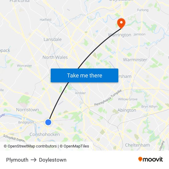 Plymouth to Doylestown map